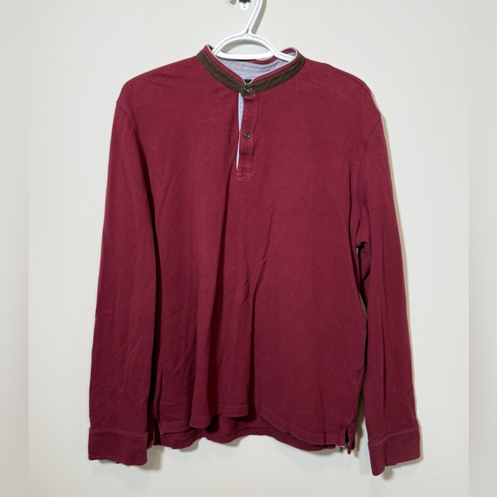 Massimo Dutti Mens Burgundy Long Sleeve Henley Casual Fit Shirt Flawed